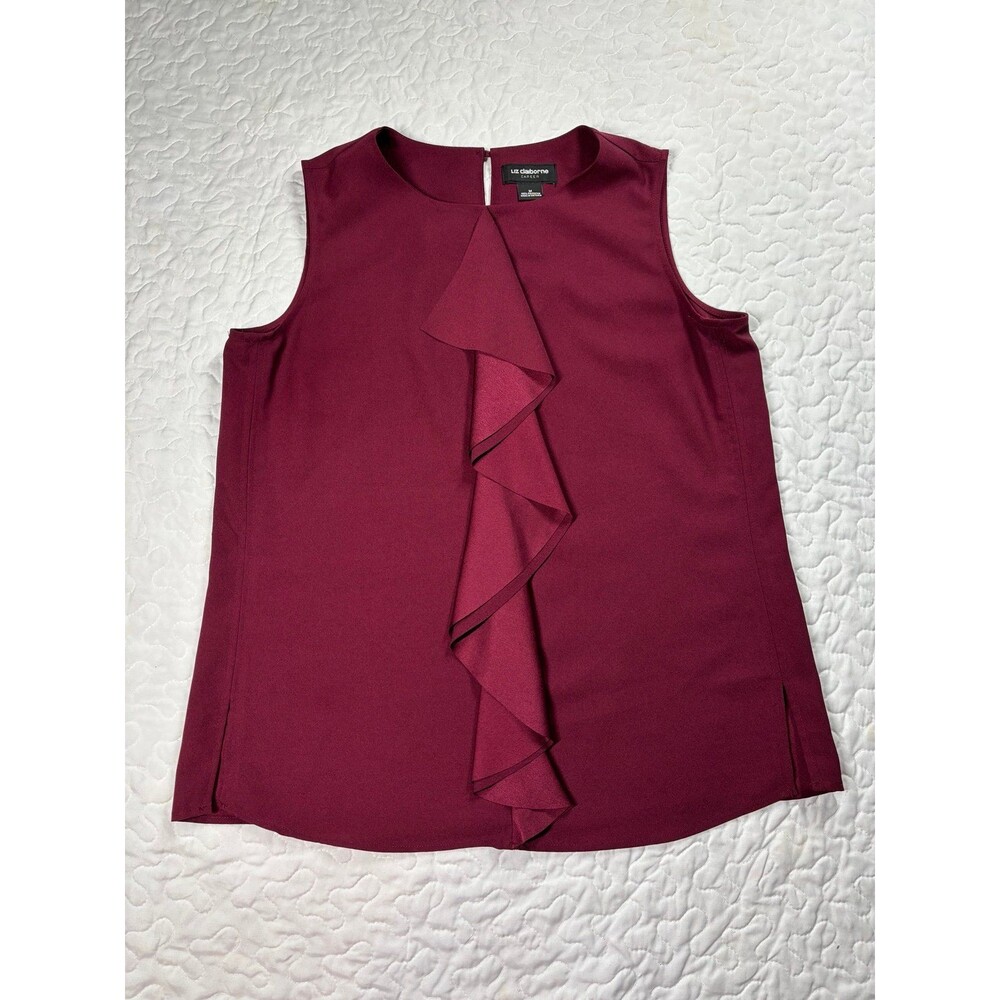 Liz Claiborne Career Maroon Red Ruffle Front Sleeveless Blouse size medium
